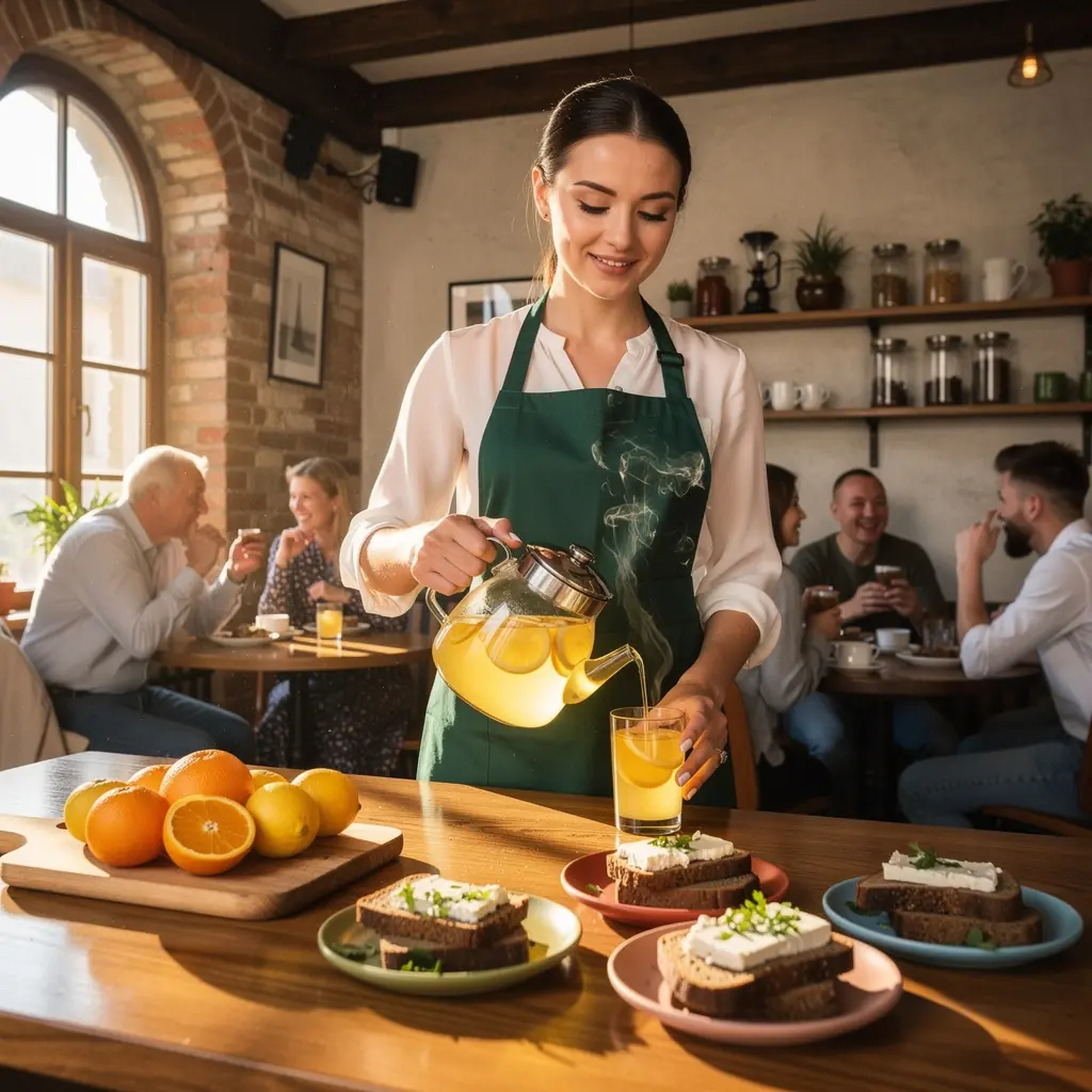 Volkamer citrinos arbatos puodelis su šviežiais apelsinų griežinėliais.
