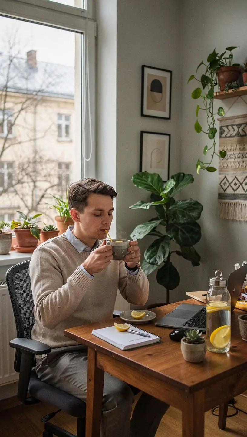 Raminanti arbatos scena su natūraliais ingredientais, skatinančiais geresnę savijautą ir sveikatingumą.