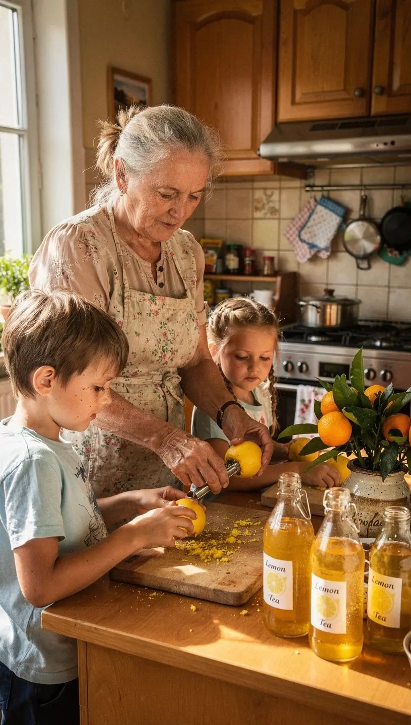 Arbatos pakuotė, kurią puošia Volkamer citrinos ir rūgščių apelsinų vaizdai.